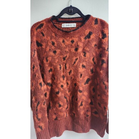 Zara Knit Rust Black  Round Neck Long Sleeve Ribbed Sweater Country Core Size S - Picture 2 of 5